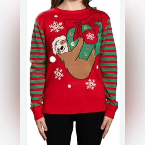MAD Engine Sloth Santa Hat Hanging on Ornament Wreath Ugly Christmas Sweater - Picture 1 of 5